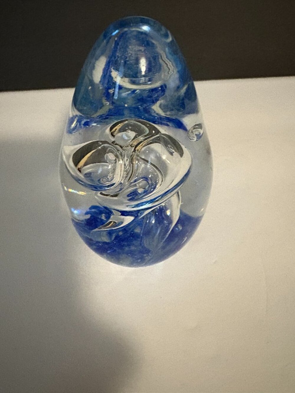 Art Glass Paperweight Blue Bubble Spiral Swirl Water Egg Shape 4"